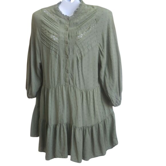 Semi-Sheer-Dotted Swiss Cottagcore Dress-Moss Grn-Tiered-Lace/Pin Tuck Details M - Picture 1 of 14